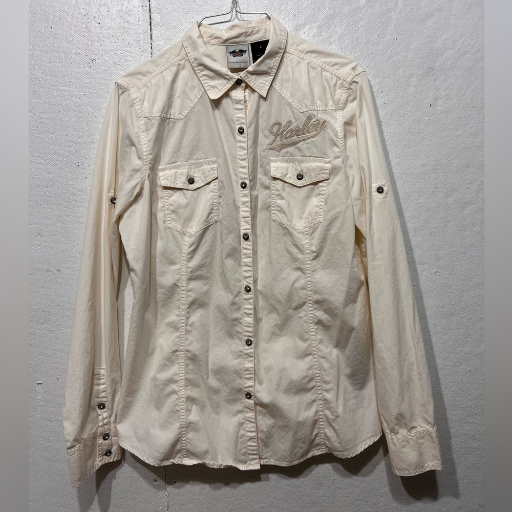 Harley-Davidson Off-White western rhinestone button up embroidered Cotton Shirt